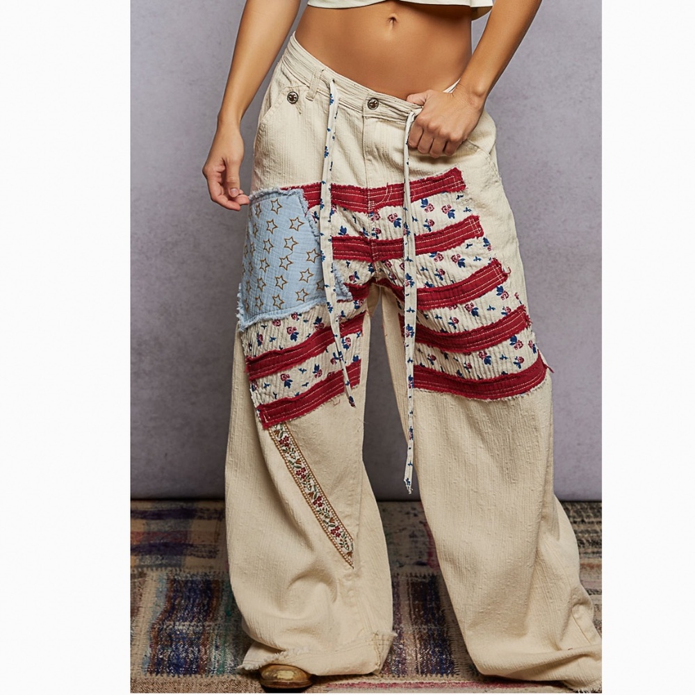 POL Cream Wide-Leg Patchwork Pants with Red & Light Blue Accents